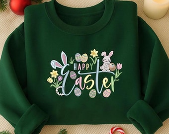 Happy Easter Embroidery Design, Cute Bunny with Easter Eggs, Spring Flowers, Digital Download for Machine Embroidery, Spring Decor