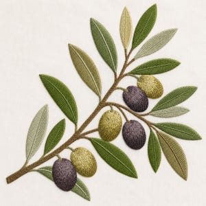 May include: Embroidered olive branch with green and olive-colored leaves and olives in shades of green and purple. The branch is brown and the background is white. The embroidery is detailed and textured.
