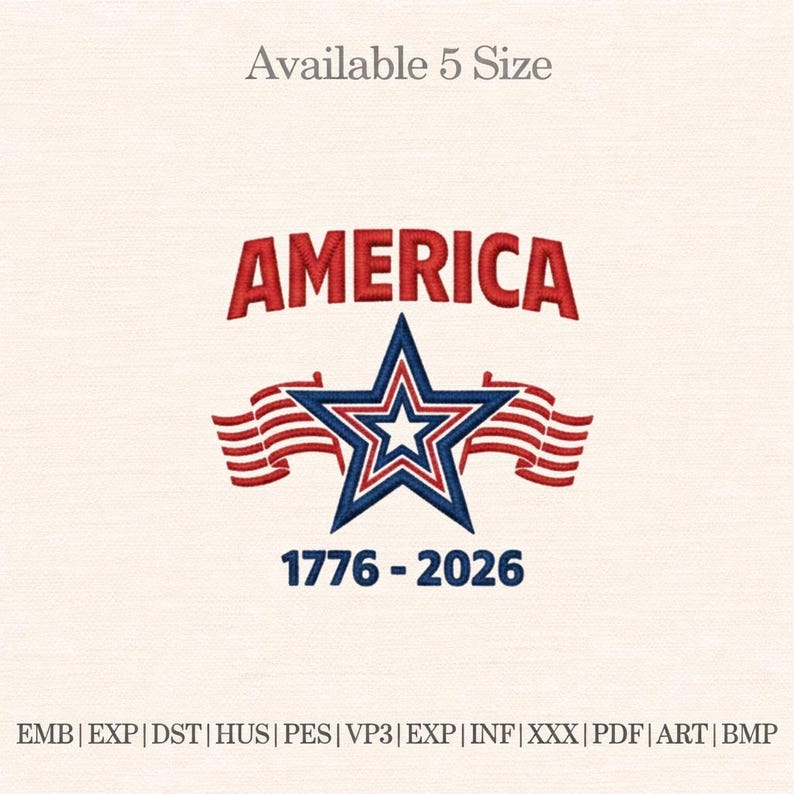May include: Embroidered design featuring the word "AMERICA" in red, above a blue and red star with two waving flags. The text "1776-2026" is below the star. The phrase "Available 5 Size" is at the top.