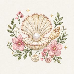 Op de afbeelding: Geborduurd ontwerp met een parel in een geopende schelp, omringd door roze bloemen, groene bladeren en kleine schelpen. Gouden steraccenten maken het nautische thema compleet, perfect voor kustdecoratie.