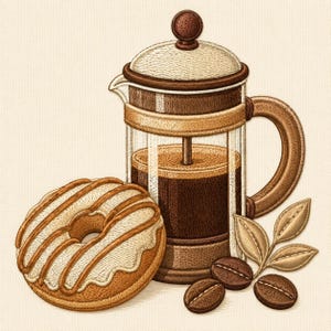 May include: An embroidered design featuring a glass French press filled with dark coffee, a glazed donut with brown icing drizzle, three dark roasted coffee beans, and a small sprig of three light brown leaves on a cream-colored fabric background.