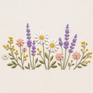 May include: Embroidered floral design featuring white daisies with yellow centers, lavender sprigs, pink flowers, and yellow accents on a cream-colored fabric. The embroidery showcases a variety of flowers and foliage, creating a natural, garden-inspired theme.