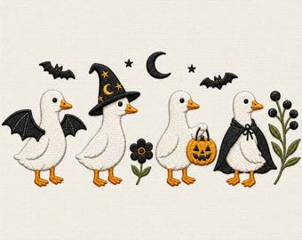May include: An embroidery design featuring four white ducks in Halloween costumes. One duck has black bat wings, one wears a black witch hat with yellow stars and a crescent moon, one holds an orange jack-o'-lantern, and one wears a black cape.