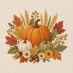 Fall Pumpkin Harvest Machine Embroidery Design, Autumn Leaves Floral Pumpkin Patch Embroidery File, Thanksgiving PES DST JEF