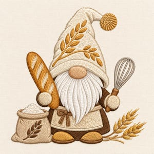 Puede incluir: Un gnomo bordado con un gorro color crema con patrón de espigas de trigo y un pompón. El gnomo sostiene una baguette y un batidor de varillas, junto a un saco de harina y espigas de trigo, vistiendo un delantal marrón con un lazo pequeño.