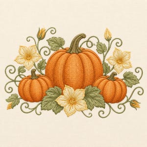 May include: An embroidery design featuring three orange pumpkins with green stems, surrounded by light yellow flowers, green leaves, and swirling vine patterns on a cream-colored fabric background. The stitching creates texture and depth.