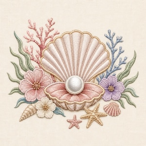 May include: An embroidery design featuring a central light pink seashell holding a white pearl, surrounded by pink and purple flowers, green seaweed, coral branches, a small spiral shell, and two golden starfish on a cream-coloured fabric background.