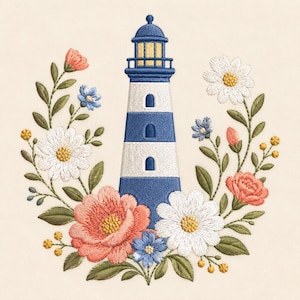 May include: An embroidery design featuring a central blue and white striped lighthouse surrounded by a floral wreath. The wreath includes white daisies, coral-colored blossoms, small blue flowers, and green leaves on a light cream-colored fabric.