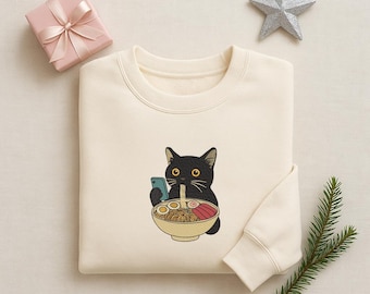 Diseño de bordado de ramen con gato negro, patrón kawaii de gato comiendo fideos, lindo bordado de satén de comida japonesa, descarga de archivo de bordado a máquina