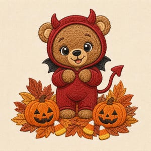 May include: An embroidered design of a brown teddy bear wearing a red devil costume with horns, wings, and a tail. The bear is surrounded by orange jack-o'-lantern pumpkins, autumn leaves in shades of brown and gold, and candy corn pieces.