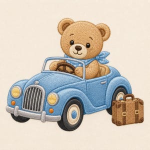May include: An embroidery design featuring a light brown teddy bear wearing a blue polka-dot neckerchief, sitting in a vintage-style light blue convertible car with yellow headlights and a silver grille, accompanied by a brown suitcase on the side.
