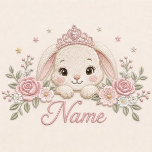 Può includere: Un disegno da ricamo raffigurante un coniglietto color crema con una corona rosa, circondato da rose rosa, piccoli fiori bianchi e foglie verdi. La parola Name è ricamata in corsivo rosa sotto il coniglietto, accentuata da piccole stelle.