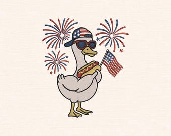 Patriotic Goose Embroidery Design 4th of July Duck with American Flag Fireworks Hotdog Machine Embroidery File