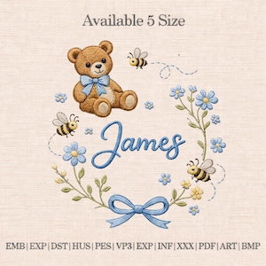 Personalized Baby Name Embroidery Design, Teddy Bear Wreath, Blue Floral Bee Nursery Embroidery File