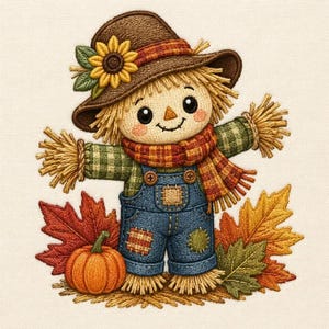 Puede incluir: Un diseño bordado de un espantapájaros con un sombrero marrón y un girasol amarillo, una camisa de cuadros verdes y un peto de mezclilla azul con parches. La figura lleva una bufanda de cuadros rojos y naranjas sobre hojas de arce otoñales.