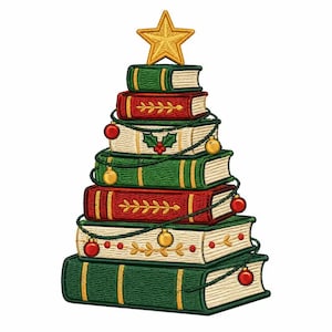 May include: An embroidered patch featuring a stack of books arranged in a triangular Christmas tree shape. The books are red, green, and cream with gold accents. A gold star sits on top, and a green garland with red and gold ornaments wraps around.