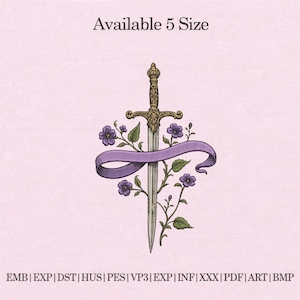 Dagger Floral Embroidery Design, Sword With Flowers Embroidery File, Gothic Vintage Ribbon Machine Embroidery, Fantasy Tattoo Style