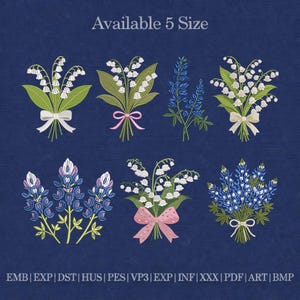 May include: Embroidered floral designs on a navy blue background. The image features bouquets of white lily of the valley and blue flowers, each tied with a ribbon. Text at the top reads "Available 5 Size".