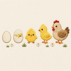 Può includere: Un ricamo che mostra una sequenza composta da un uovo semplice, un uovo incrinato con un pulcino che spunta, un piccolo pulcino giallo, un pulcino giallo più grande e una gallina marrone, decorato con piccole margherite bianche ed erba.