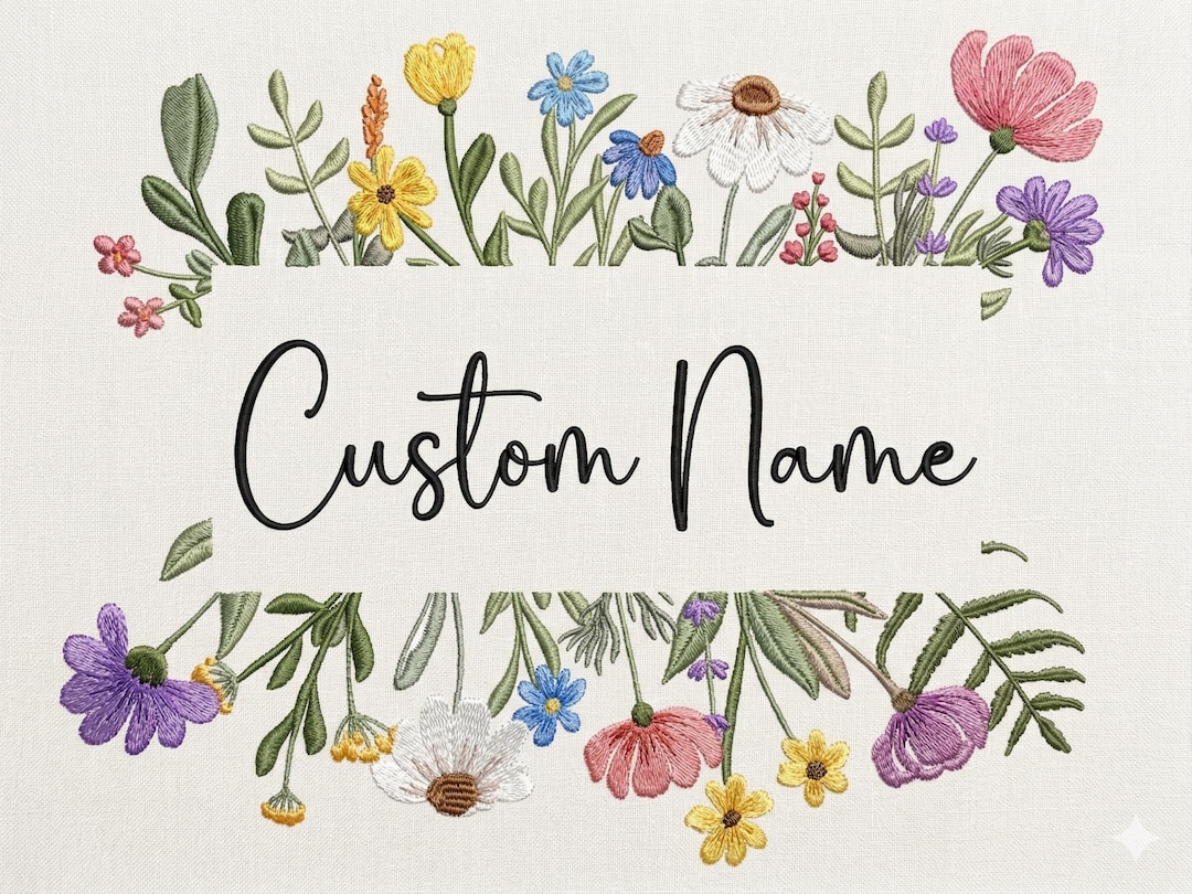 Custom Name Floral Embroidery Design, Wildflower Border Embroidery File ...