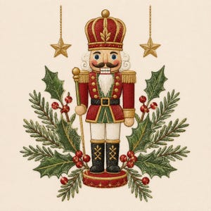 Könnte beinhalten: Eine Stickerei eines Nussknackers in einer rot-grünen Uniform mit goldenen Akzenten, der auf einem runden Sockel steht. Das Motiv ist von grünen Stechpalmenblättern, roten Beeren, Tannennadeln und zwei hängenden goldenen Sternen umgeben.