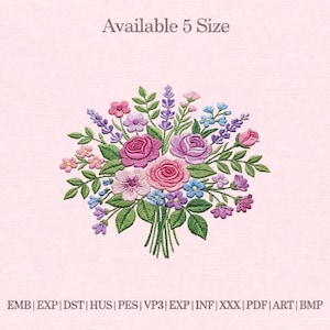 May include: Embroidered floral bouquet in shades of pink, purple, and blue, with green leaves. The text "Available 5 Size" is at the top. Below the bouquet are file format abbreviations: EMB, EXP, DST, HUS, PES, VP3, EXP, INF, XXX, PDF, ART, BMP.