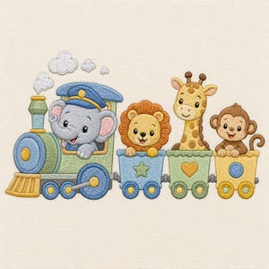 Puede incluir: Un diseño de bordado que muestra una locomotora azul claro conducida por un elefante gris con gorra azul, seguido de tres vagones que transportan un león, una jirafa y un mono. El tren emite nubes de vapor blancas desde su chimenea.