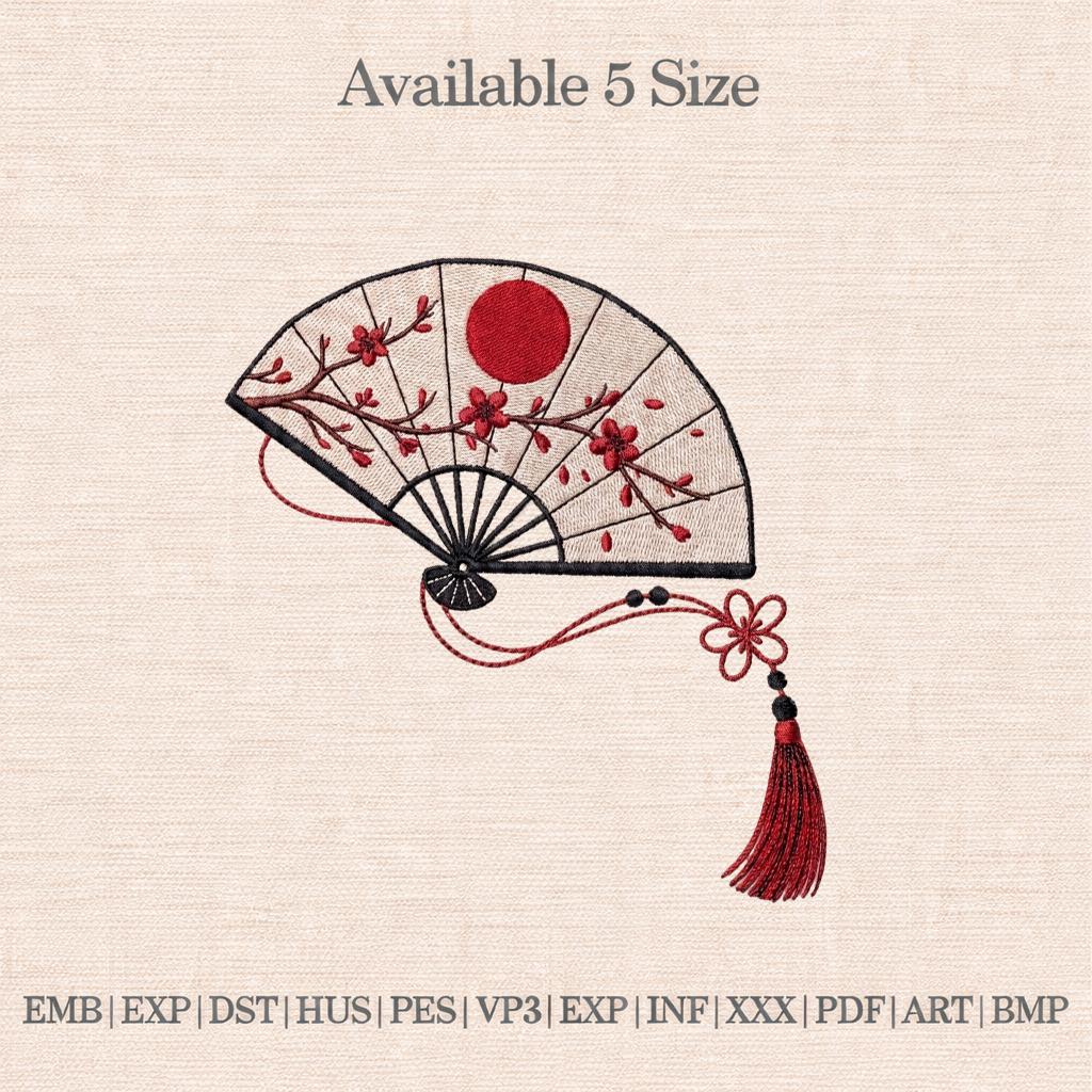 Japanese Fan Embroidery Design, Sakura Hand Fan, Oriental Floral ...