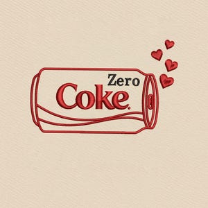 May include: Red embroidered design of a Coke Zero can with the word "Coke" in a stylized font. The word "Zero" is above the can. Three red hearts are floating near the can.