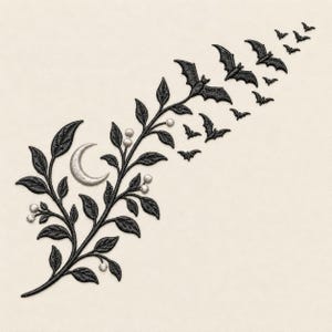 May include: An embroidered patch featuring a black leafy vine with small white berries and a silver crescent moon. A flock of black bats flies upward from the vine, with the bats decreasing in size as they move toward the top right corner.