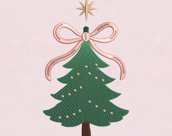 May include: An embroidered Christmas tree design. The tree is green with small gold baubles, a brown trunk, and a pink bow at the top. A gold star sits above the bow. The background is a light pink colour.