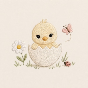 Baby Chick Embroidery Design, Hatching Chicken Machine Embroidery, Spring Digital Sewing Pattern, Floral Garden Nursery Stitching File