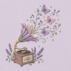 May include: An embroidery design featuring a vintage gramophone with a large purple and cream flower as the horn. The gramophone is surrounded by lavender sprigs, purple butterflies, musical notes, and small gold stars on a light purple fabric.