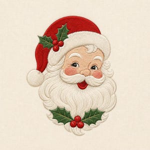 May include: An embroidered patch featuring a vintage-style Santa Claus face with a thick white beard, rosy cheeks, and a red hat. The design includes green holly leaves with red berries positioned on the hat and at the base of the beard.