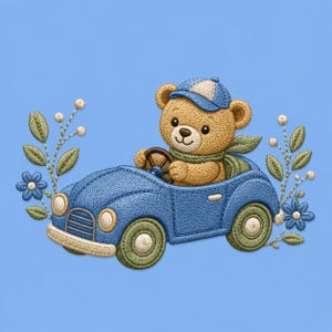 May include: An embroidered design featuring a light brown teddy bear wearing a blue cap and green scarf, driving a blue convertible car. The bear is flanked by two decorative stems with green leaves and small blue and white flowers on a blue background.