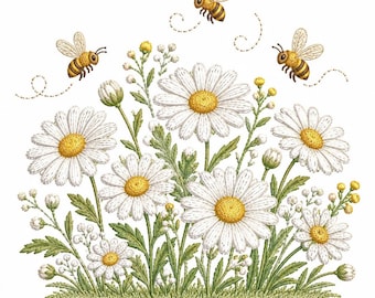 May include: An embroidery design featuring a cluster of white daisies with yellow centers, green stems, and leaves. Three small, detailed honeybees are depicted flying above the flowers, each with golden-brown stripes and translucent wings.