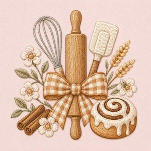 May include: An embroidery design featuring a wooden rolling pin tied with a tan and white gingham bow, a wire whisk, a spatula, cinnamon sticks, wheat stalks, white flowers, and a frosted cinnamon roll on a light pink background.