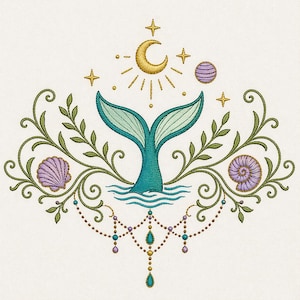 May include: Embroidered design featuring a teal mermaid tail rising from blue waves, with a gold crescent moon, stars, and a planet. Green leaves and purple seashells frame the design, with a beaded chain below.