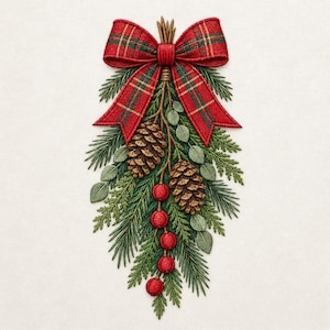 May include: An embroidered patch featuring a red and green plaid bow tied at the top of a festive swag. The arrangement includes two brown pinecones, green evergreen needles, small sage green leaves, and a vertical strand of five bright red berries.