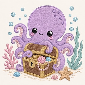May include: Embroidered design featuring a purple octopus with a smiling face, tentacles, and a treasure chest filled with gold coins, gems, and pearls. The scene includes coral, seaweed, bubbles, and a starfish on a sandy background.