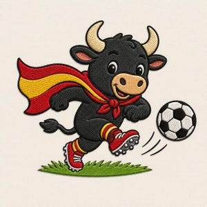 May include: An embroidered patch featuring a black bull with tan horns and muzzle, wearing a red and yellow cape and red soccer cleats. The bull is running on a patch of green grass and kicking a black and white soccer ball with motion lines.