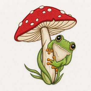 Puede incluir: Diseño bordado de una rana verde agarrada a una seta. La seta tiene un sombrero rojo con lunares blancos y un tallo beige. La rana tiene grandes ojos negros y patas naranjas. El diseño está sobre un fondo blanco.