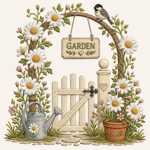 Daisy Gartentor Stickdatei, Cottage Garten Gartentor Stickmuster, Gießkanne Stickdatei