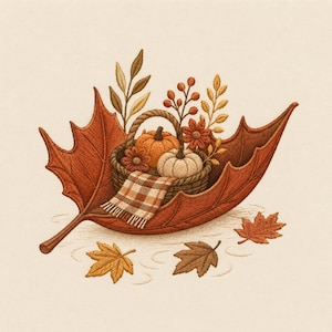 May include: An embroidery design featuring a large brown maple leaf holding a woven basket filled with two small pumpkins, berries, and flowers. A brown and white plaid blanket is draped over the basket, with three loose autumn leaves below.