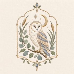 May include: An embroidered design featuring a barn owl perched on a branch within a gold rope-style frame. The owl is surrounded by green leaves, cattails, a crescent moon, and a star. The color palette includes cream, tan, blue, and sage green.