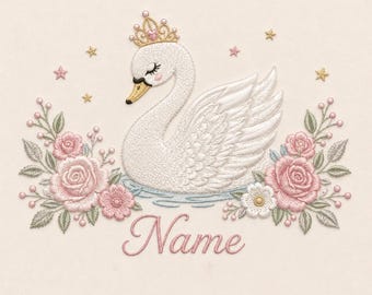 パーソナライズされた白鳥のプリンセス刺繍デザイン、かわいい白鳥の名前刺繍ファイル、カスタムベビーガールナーサリー刺繍パターン