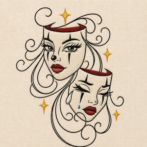May include: Embroidered design of two theatre masks, one smiling and one crying, with black outlines and red details. The masks have green eyes, red lips, and black tear streaks. Gold star accents and curly lines complete the design.