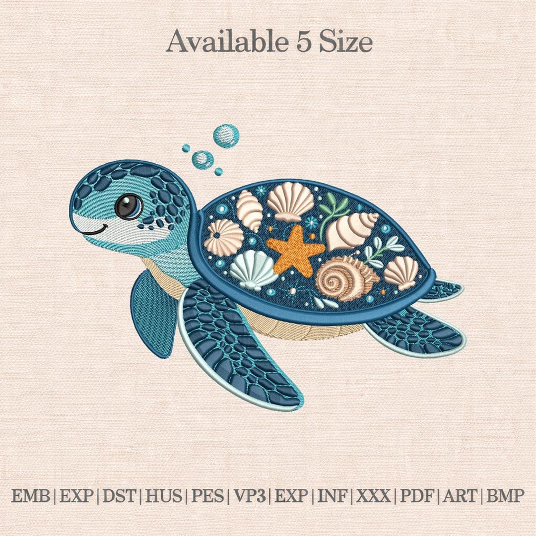Sea Turtle Embroidery Design, Ocean Turtle With Shells & Starfish ...