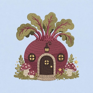 May include: An embroidery design featuring a round, deep red beet shaped like a house with green leafy tops. The beet house has a dark brown arched door, two round windows, and a small lantern. Three red and white mushrooms sit at the base.