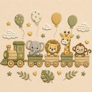 Puede incluir: Un diseño de bordado que muestra un tren con cuatro vagones que transportan un elefante gris, un león dorado, una jirafa amarilla y un mono marrón. La escena incluye globos verdes y dorados, nubes blancas, estrellas pequeñas, corazones y hojas.